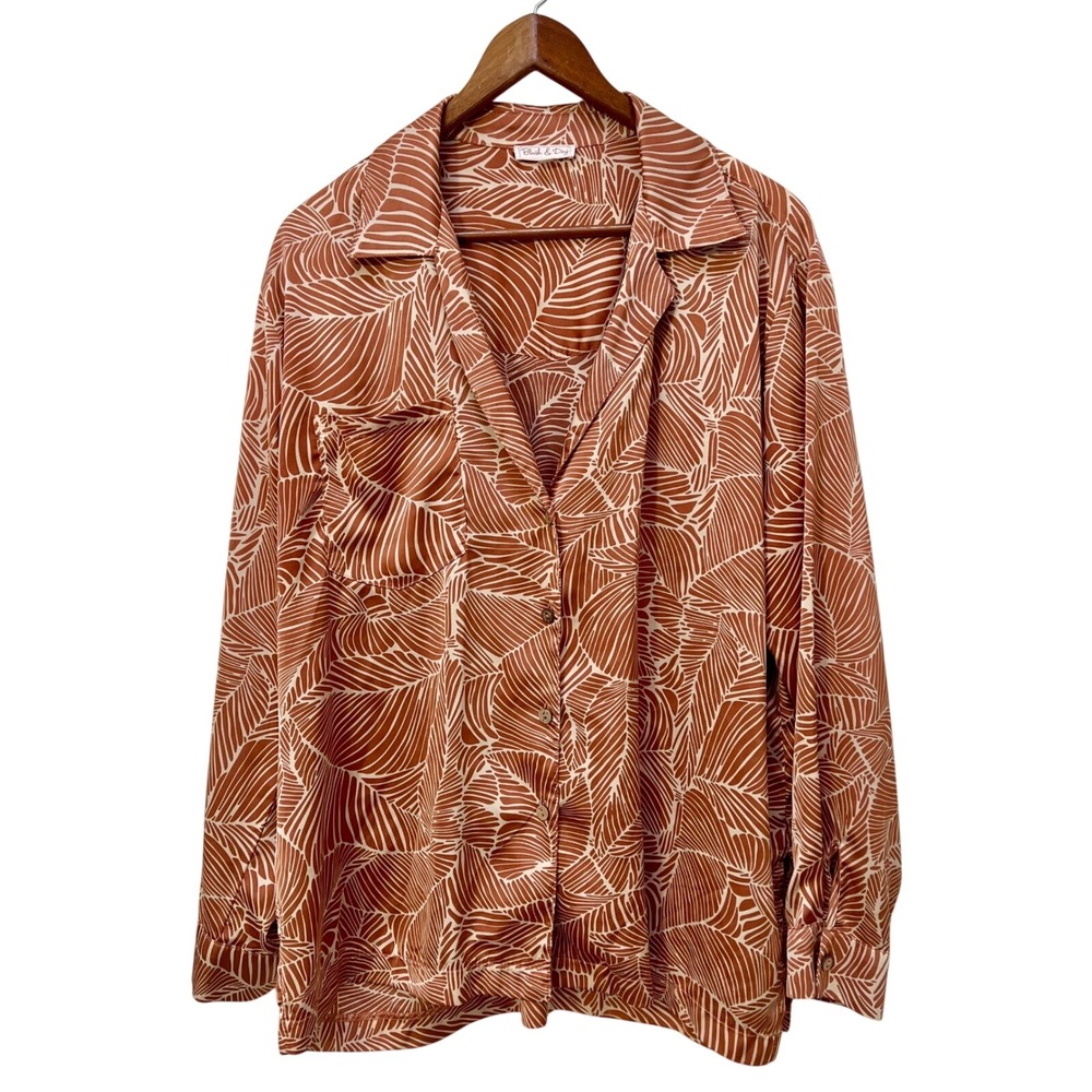 Blush & Day Womens Satin Terracotta Palm Leaf Print Button Down Shirt 1X Boho